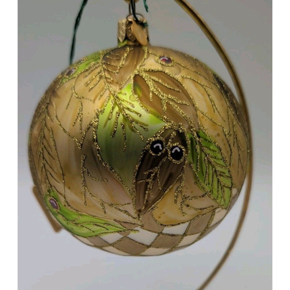 Dept 56 Holly Glass Ornament Ball 100mm Gold Checkerboard Glitter Czech Republic